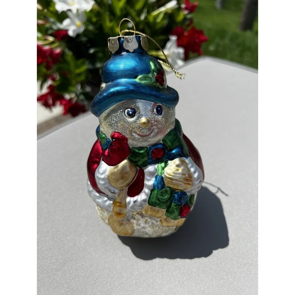 Christmas Street Snowman Glass Ornament Hand Painted European‎ Style Boxed Vtg